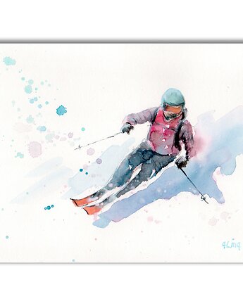 Narty, zima, góry. Akwarela ręcznie malowana, Galeria Alma