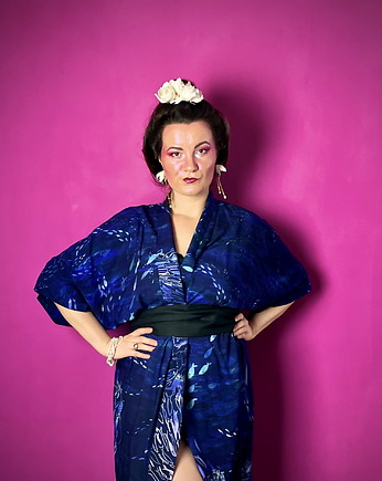 KIMONO granatowe / szlafrok / sukienka w autorski wzór OCEAN 100% wiskoza, NAWROTANKA
