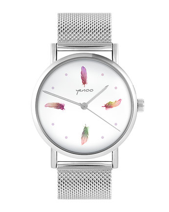 Zegarek - Kolorowe piórka - bransoleta mesh, yenoo