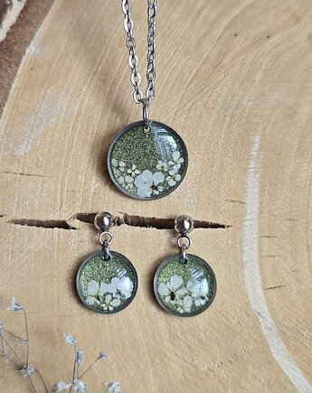 Komplet zawieszka i kolczyki srebrne z kwiatami zielony, zkwiatem