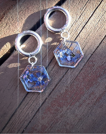 Kolczyki z niezapominajkami, heksagon, Figa handmade accessories