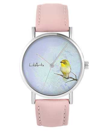 Zegarek - Żółty ptaszek - skóra, pudrowy róż, yenoo