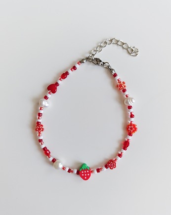Czerwono-biała bransoletka na kostkę perły truskawka, Lwie Jwlr