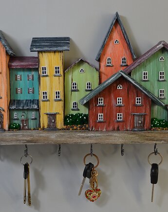 Ręcznie Robiony Drewniany Wieszak na Klucze, Kolorowe Domki, Creative Craft Family R