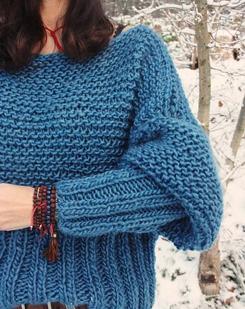 Niebieski sweter handmade moher z wełną, Mademoiselle Patrini