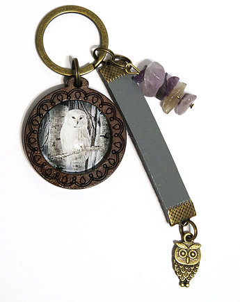 Breloczek - Sowa, rzemień, ametyst - drewniany, yenoo