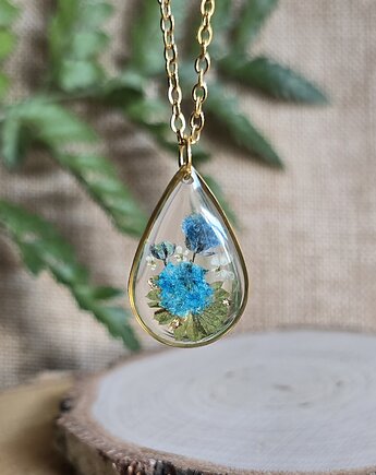 Złoty wisiorek prawdziwe kwiaty zawieszka łezka łza niebieska, zkwiatem