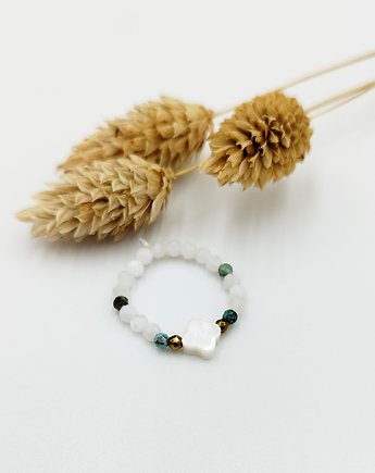 Pierścionek elastyczny - turkus, kamień księżycowy, masa perłowa, wu handmade