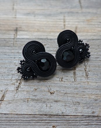Małe , czarne, eleganckie kolczyki sutasz, Mró Soutache