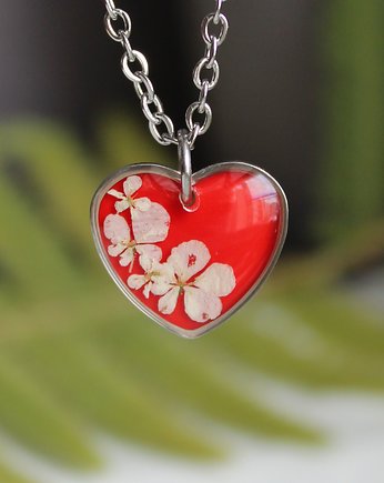 Czerwone serce serduszko biżuteria z kwiatami srebrny wisiorek, zkwiatem
