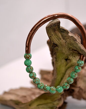 Bransoletka miedziana handmade z koralikami: turkus, FutharkCopper