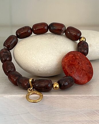 Bransoletka srebrna, złocona z brazowych jaspisów i koralowca, Ade Art