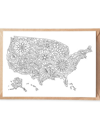 Pocztówka do Kolorowania Mapa USA i Kwiaty, Anna Grunduls Design
