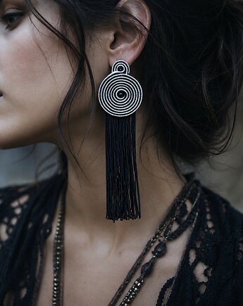 Czarno- srebrne spirale  kolczyki soutache z chwostami