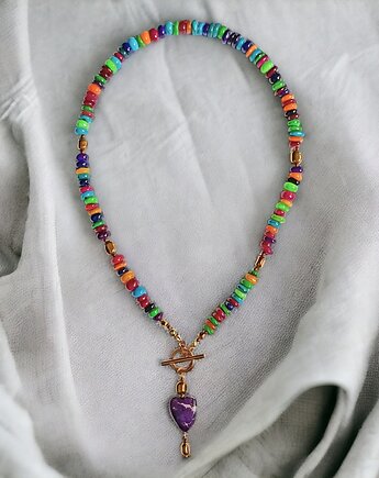 NASZYJNIK z sercem : kolorowa masa perłowa, hematyt, jaspis cesarski, kaktusia