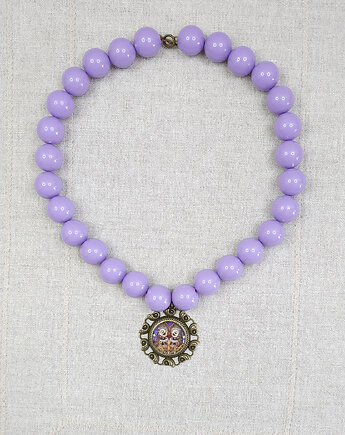 6737 duży, fioletowy, liliowy naszyjnik z wisiorkiem; wisiorek sowa, kama4you