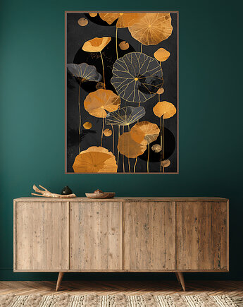 Liście lotusu - Plakat, druk - Chiński Orient, Harmonia Zen, Wabi Sabi #99, Black Sapphire Art