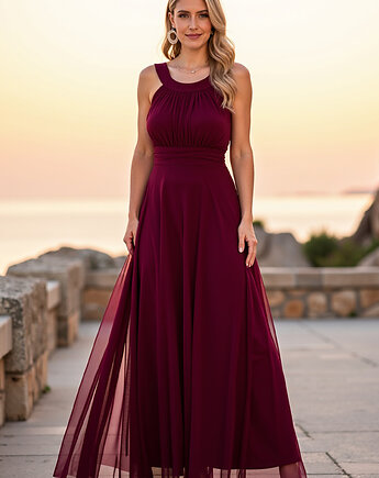 Elegancka sukienka maxi rozkloszowana z dekoltem halter bez rękawów - M1171, FIGL