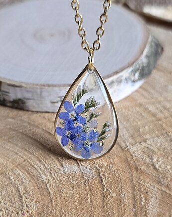 Złoty wisiorek prawdziwe kwiaty zawieszka łezka łza niezapominajki, zkwiatem