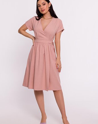 Sukienka na zakładkę z wiązaniem w talii - różowa(B-279), Be