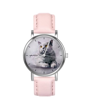 Zegarek  mały - Kot brytyjski - skórzany, pudrowy róż, yenoo