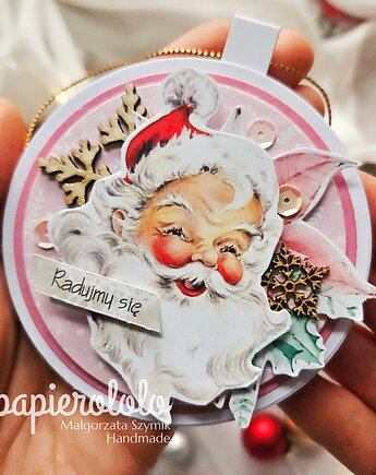 Kartka koło zawieszka bombka z Mikołajem, papierololo