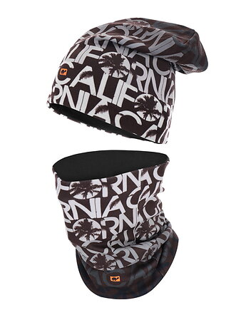 Komplet czapka i komin damski meski polar bawełna dwustronny ciepły brązowy, Malokee