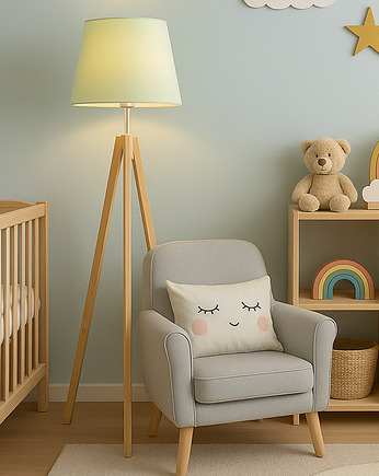 Drewniana lampa podłogowa na 3 nogach dla dzieci ARUBA KIDS z abażurem, LYSNE