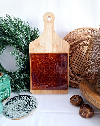 Dekoracyjna deska taca z ceramicznym kaflem, Wooden Love