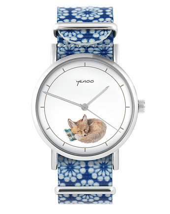 Zegarek - Lisek - niebieski, kwiaty, yenoo