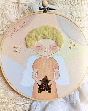 Pastelowy obrazek z aniołkiem, personalizowana pamiątka dla dziecka, gingerolla
