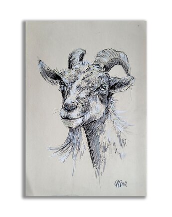 Grafika ręcznie malowana "Koza" kozioł, Galeria Alma