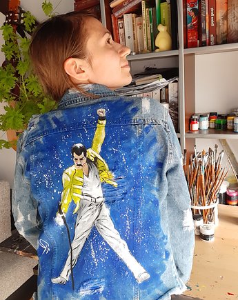 Kurtka jeansowa z portretem Freddy Mercury, rękąROBIONE