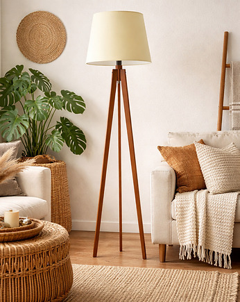 Drewniana lampa stojąca na trójnogu do salonu CURACAO, LYSNE