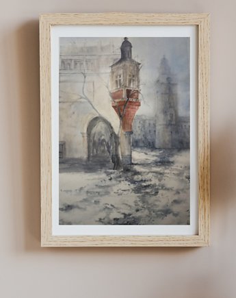 Akwarela Kraków zimą oryginalny obraz 300g 37x56 cm, Kwitnace