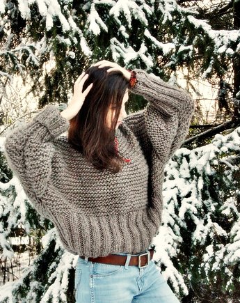 Brązowy sweter handmade moher z wełną, Mademoiselle Patrini