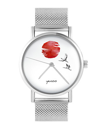 Zegarek - Żurawie na tle słońca - bransoleta mesh, yenoo