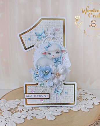 Urodzinowa kartka cyferka, prezent na roczek "Baby Lamb" GOTOWA, Lulaczkowo