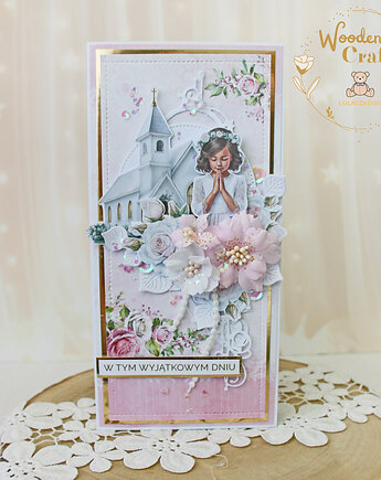 Kartka komunijna, Pamiątka Komunii, prezent "PinkRoses4" GOTOWA, Lulaczkowo