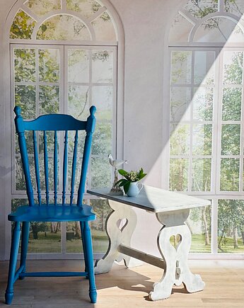Energetyczne krzesło drewniane, niebieski kolor, patyczak, Monique Art