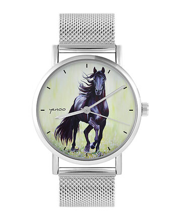 Zegarek - Czarny koń malowany - bransoleta mesh, yenoo