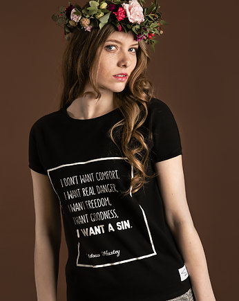 Koszulka z cytatem, A. Huxley, "Brave New World", Golden Lips