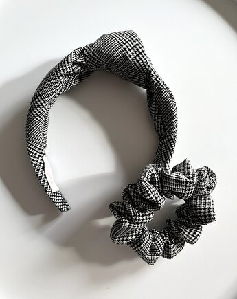 Wełniany zestaw w kratkę - opaska & scrunchie Black Check, Volie Line