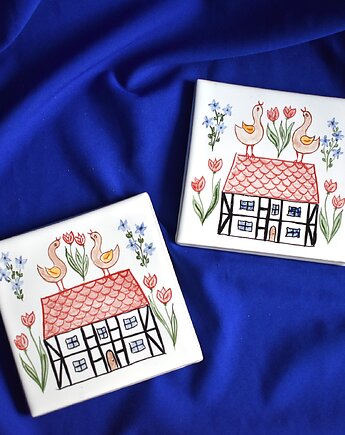 Kafle ręcznie malowane- Rustykalne podkładki kurki kolorowe domki, Kobaltowa Sroka