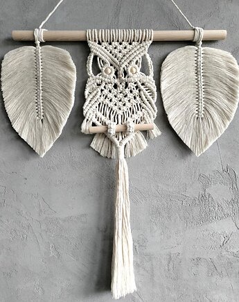 Sowa Makrama z Listkami Ecru Duża Dekoracja Boho na Ścianę 60x60 cm, Pracownia Wardin