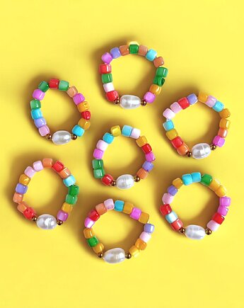 Pierścionek : summer collection : kolorowa muszla i perła, kaktusia