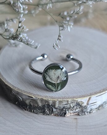 Wieczny kwiat pierścionek srebrny gipsówka prawdziwy żywica, zkwiatem