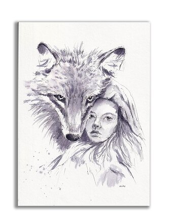 Wilk i dziewczynka. Grafika ręcznie malowana, Galeria Alma