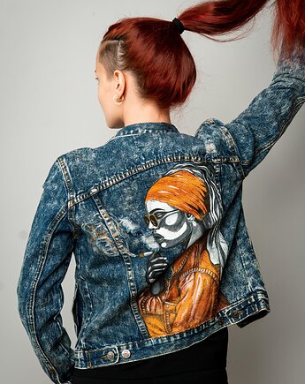 Kurtka jeansowa ręcznie malowana CUSTOM / Dziewczyna z Perłą / Rozmiar XS, carrey_art_studio