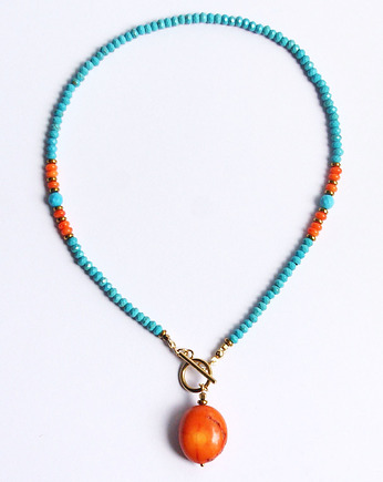 UNIKAT - naszyjnik - choker z koralem - turkusowo-pomarańczowy, kaktusia